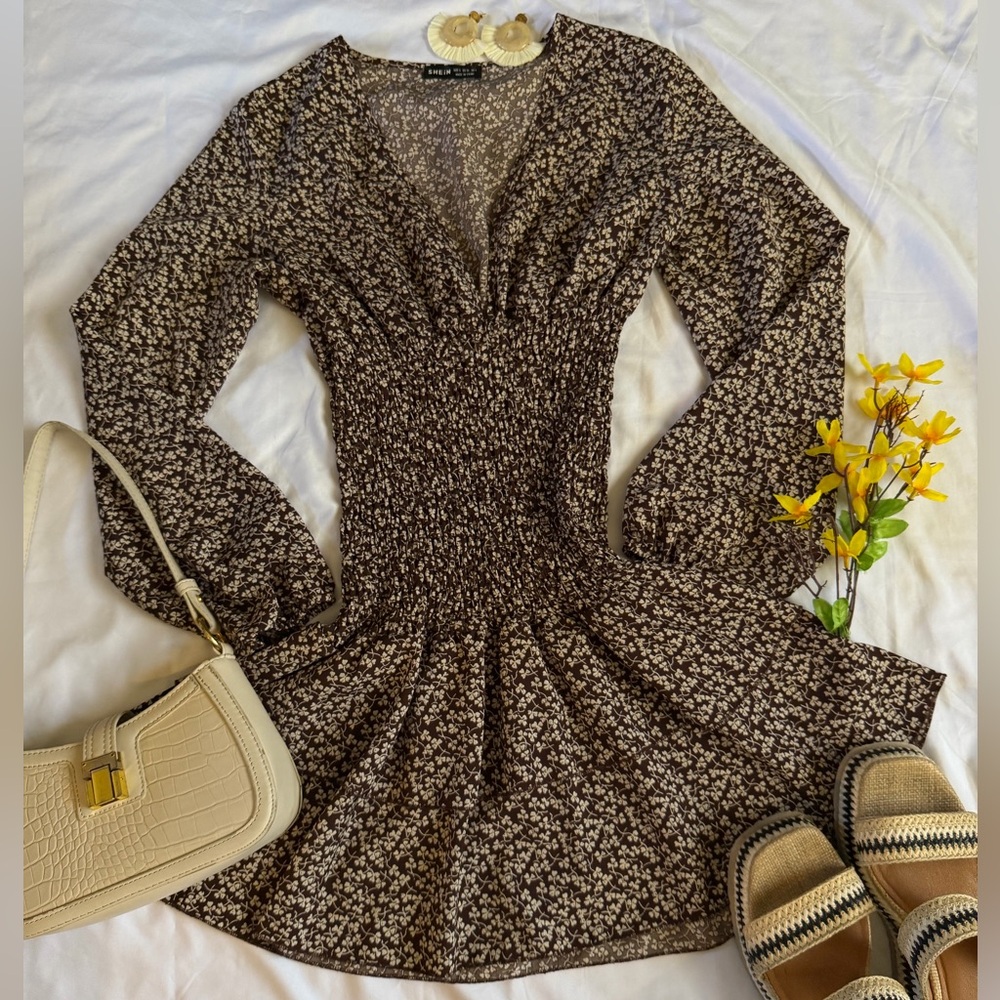 SHEIN Brown Floral Smocked V-Neck Long Sleeve Mini Dress